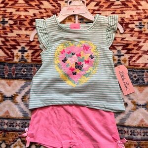 Little Lass Two Piece Set - Aqua and White Striped with Pink Shorts